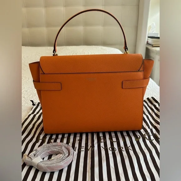 HENRI BENDEL Uptown Orange Leather Turnlock Top Handle Flap Satchel Bag